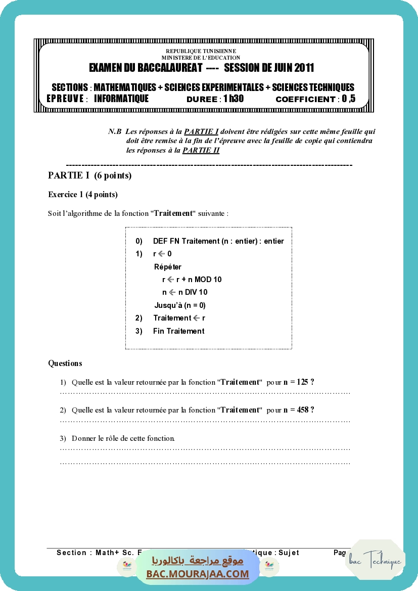 Sujet principale info Bac 2011 – Section technique